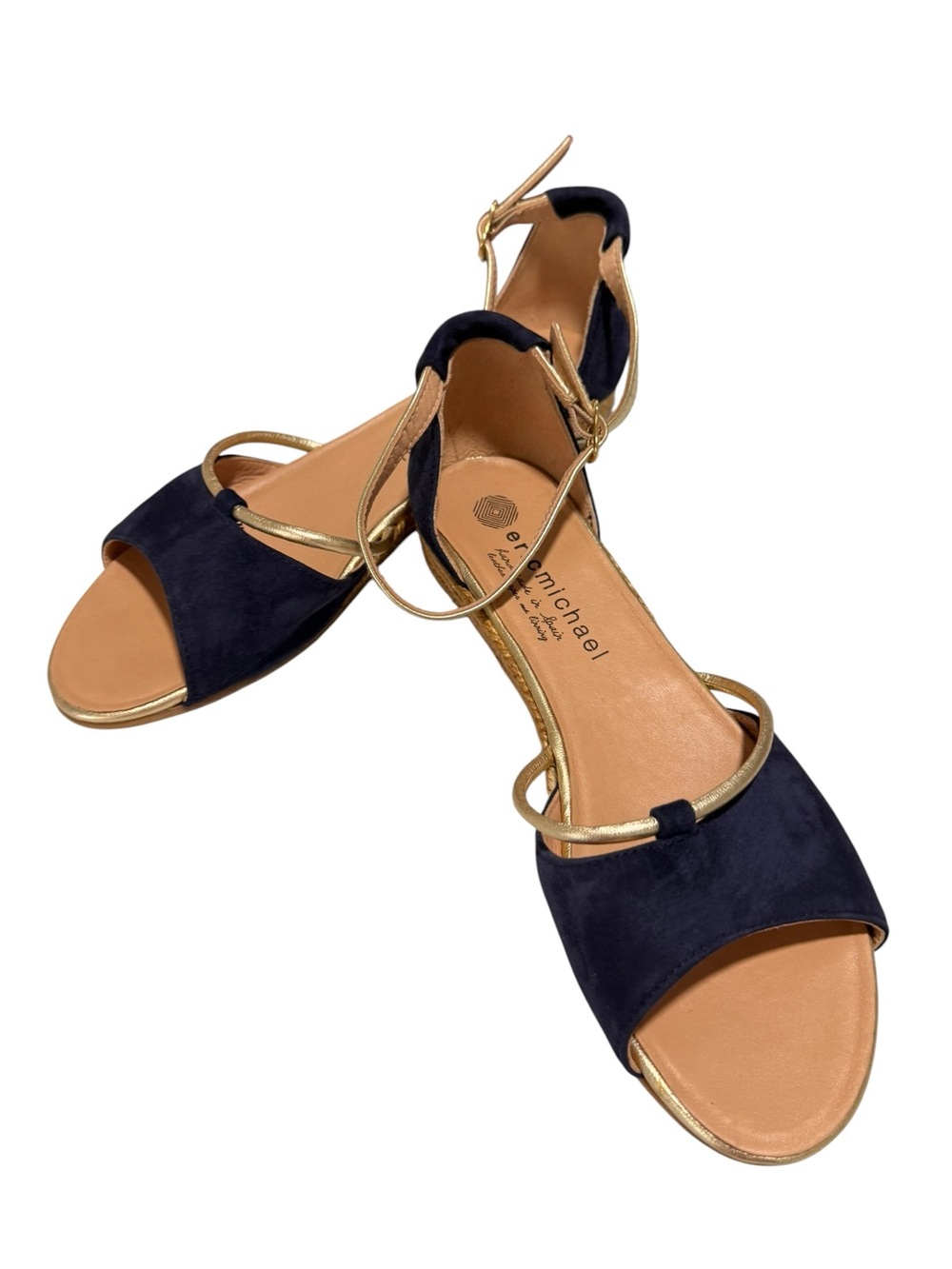 Eric Michael Navy Suede & Gold Espadrille Wedge Sandals Size 9.5 (40) Like New - Picture 4 of 11